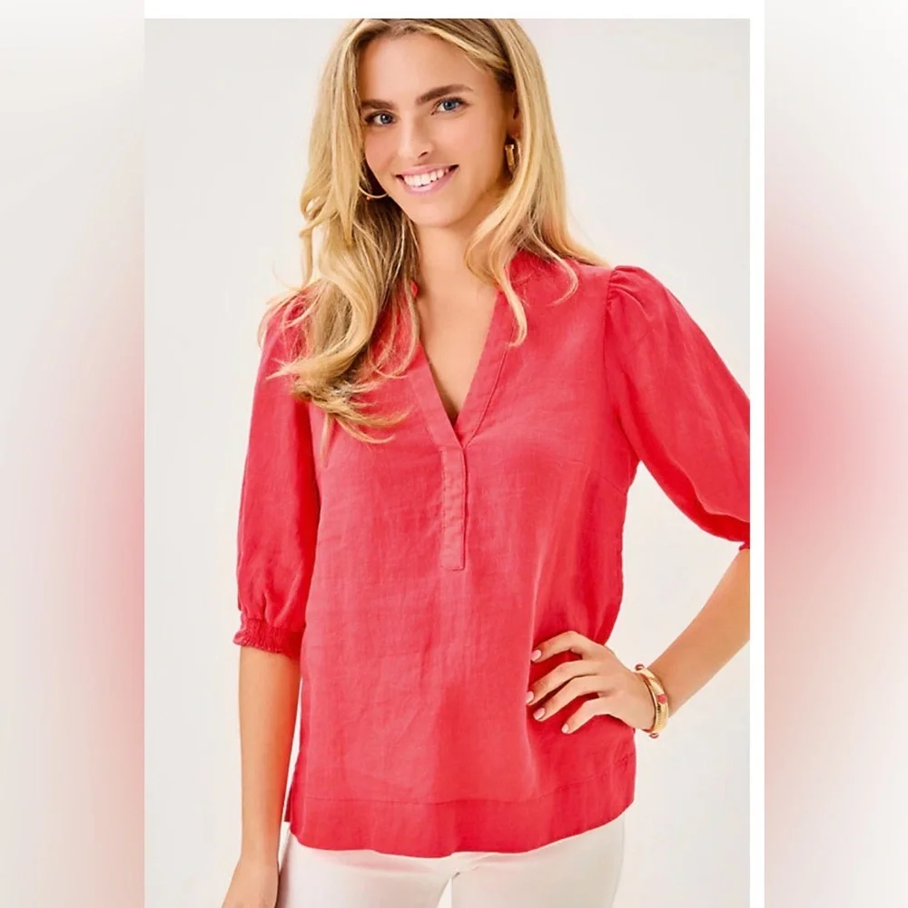 Lilly Pulitzer Womens Mialeigh Elbow Sleeve Top 100% Linen in Cane Corol Size 2